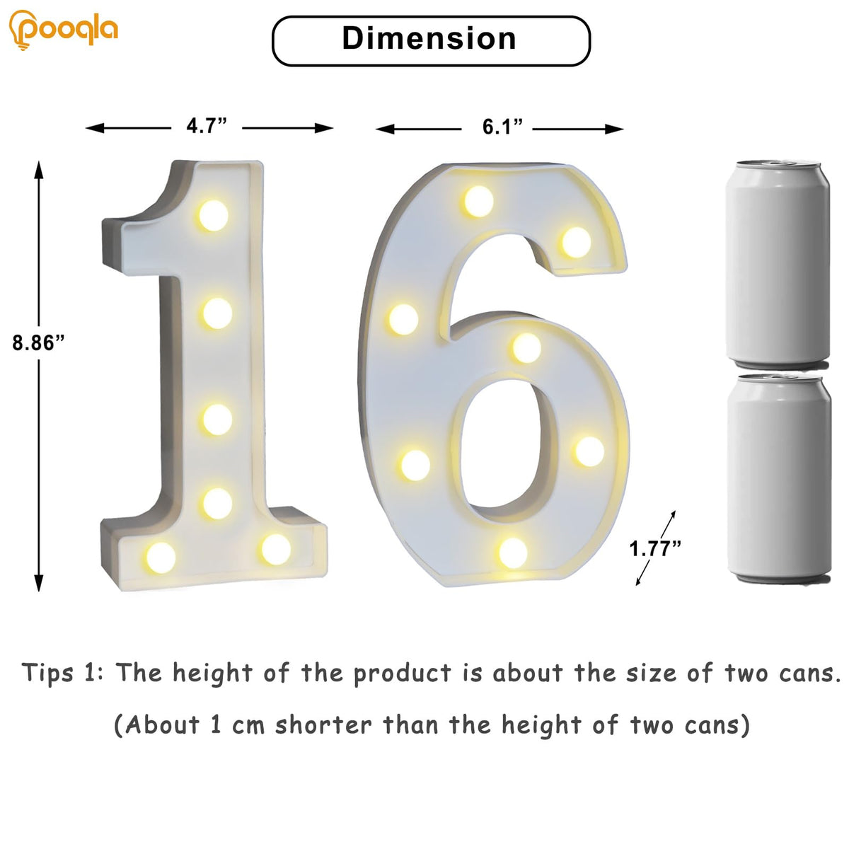 Pooqla Decorative Led Light Up Number Letters, White Plastic Marquee Number Lights Sign 16th