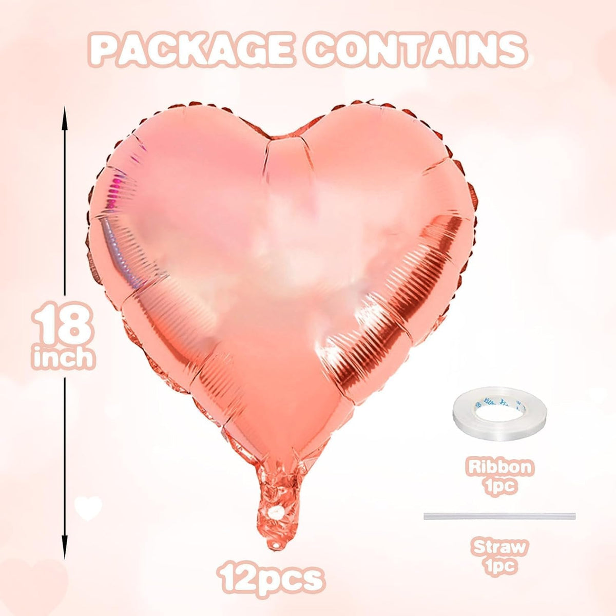 12 Pcs Heart Balloons, 18 inch Rose Gold Heart Shaped Balloons, Big Foil Helium Balloon, Love
