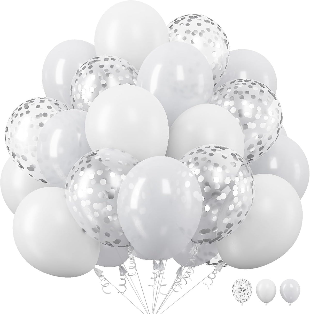White Balloons, 12 Inch Pearl Pure White Ivory Latex Balloon with Silver Confetti Balloons for Boho