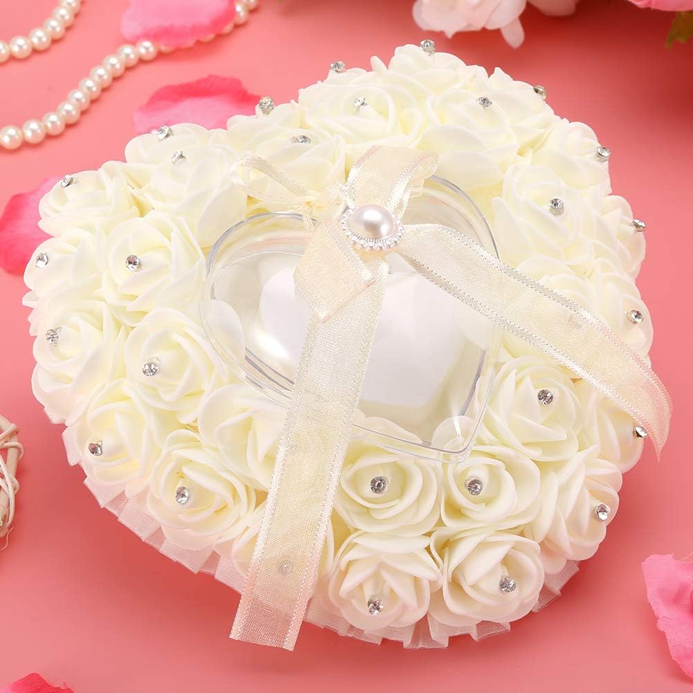 Hilitand Wedding Cushion Pillow Romantic Heart Shaped Wedding Box Rose Rhinestone Decorative