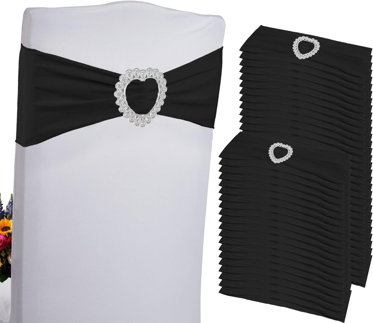 100PCS Spandex Stretch Black Chair Sashes Bows Universal Elastic Chair Cover Bands Ties with Buckle