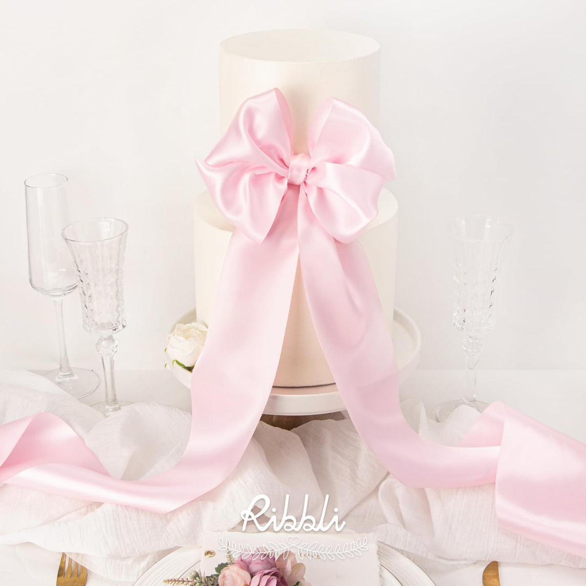 Ribbli Light Pink Satin Ribbon 4 Inch Wide Baby Pink Ribbon for Wedding Chair Sash Grand Opening