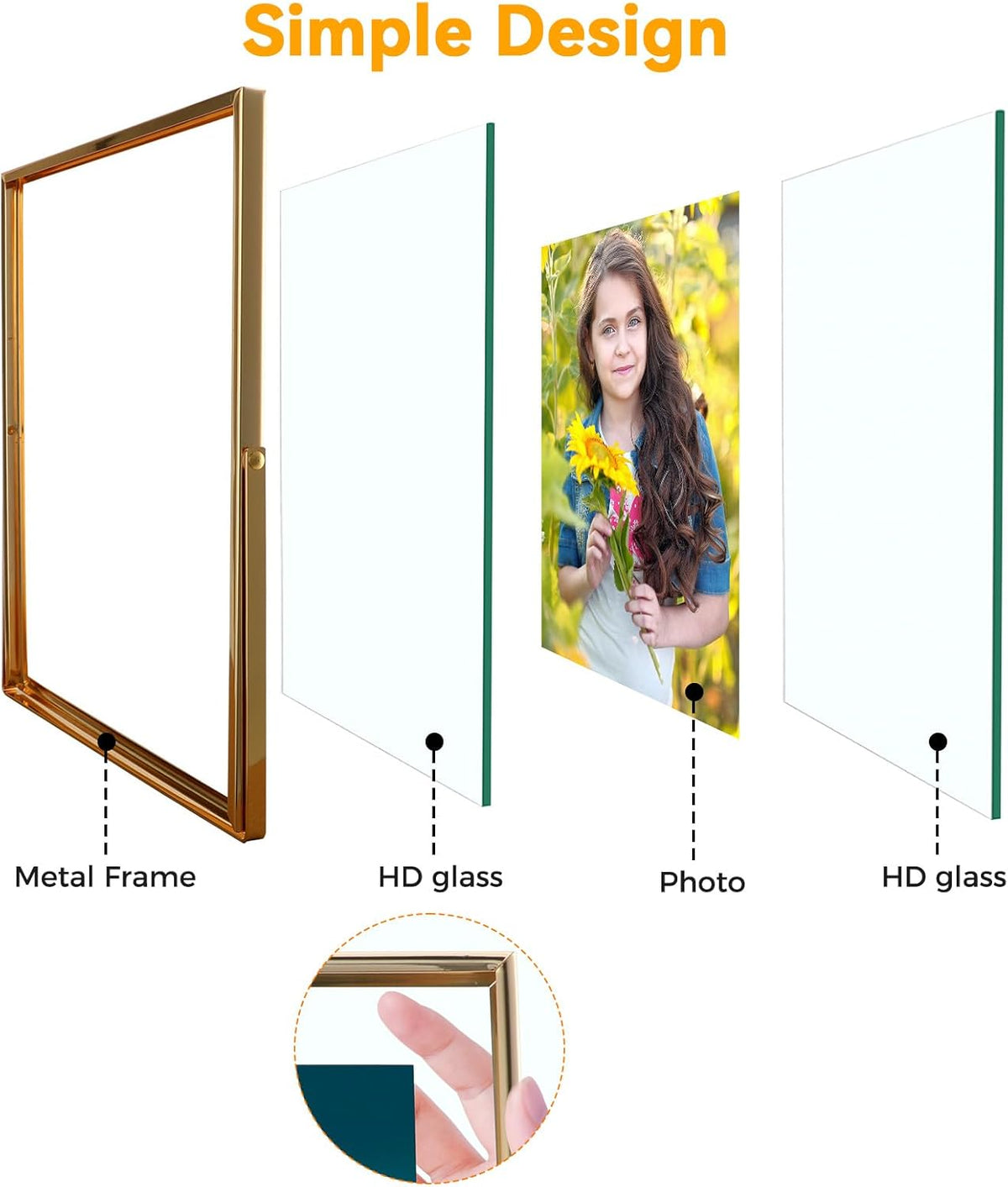 Gold Floating Frame, 5"x7", Vertical, For Picture 4x6, 3.5x5, 2x3 with Floating Effect, Small