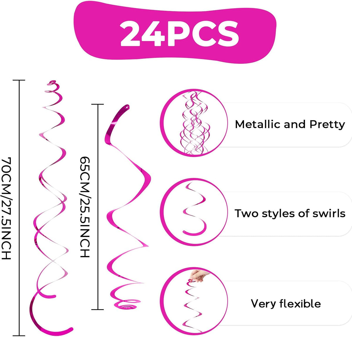 24 PCS Hot Pink Hanging Swirl, Fuschia Sparkle Ceiling Hanging Decorations, Plastic Streamer Party