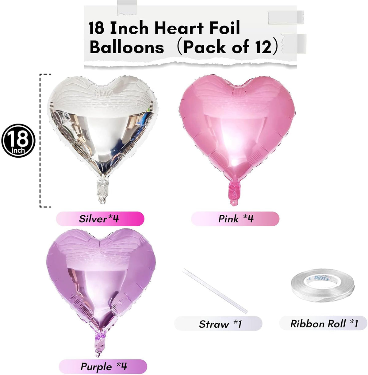 Pink Purple Foil Heart Balloons, 18 Inch 12Pcs Lavender Purple Pink and Silver Heart Shape Foil