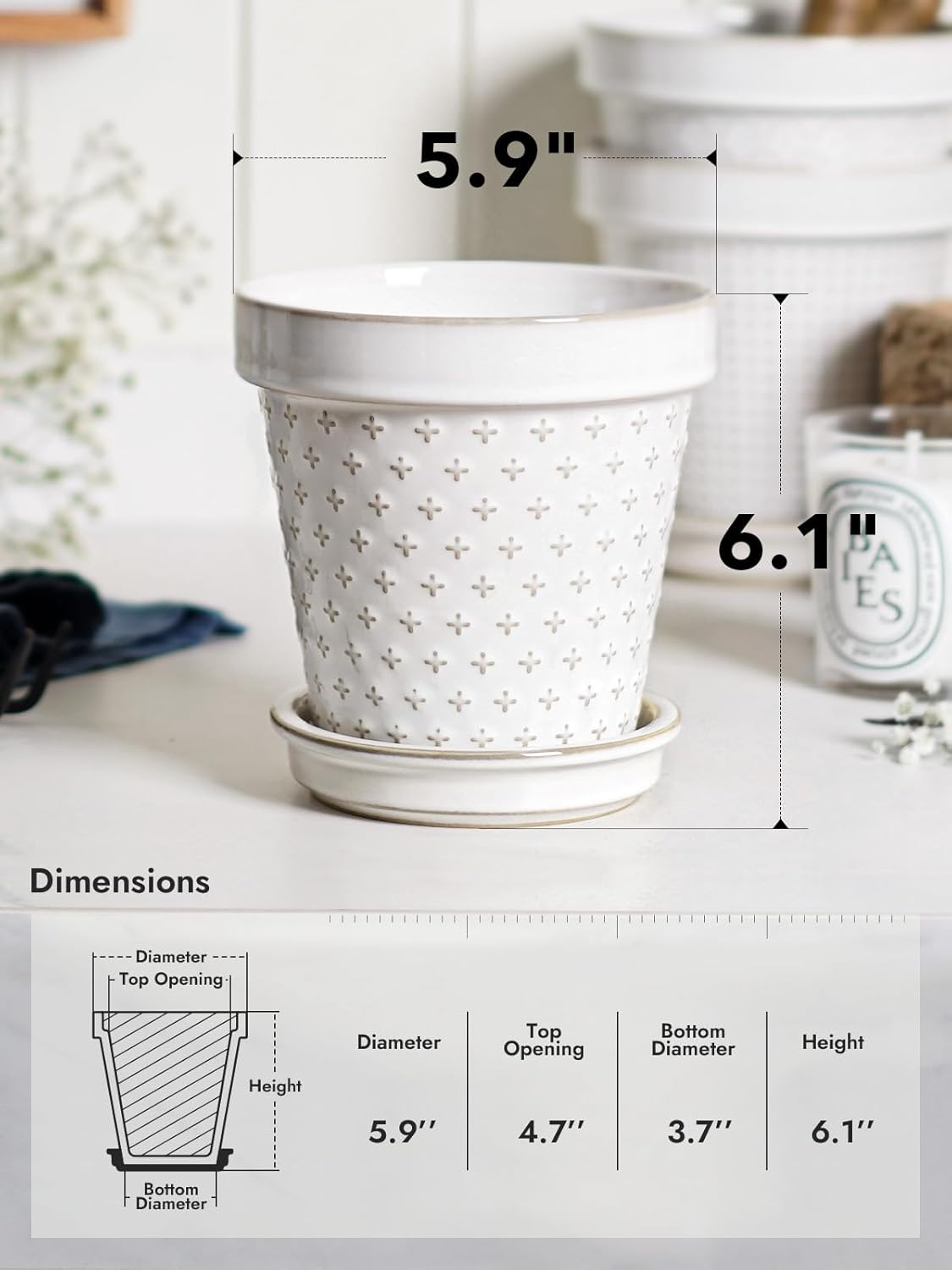 LE TAUCI Ceramic Plant Pots, 6 Inch Flower Pot with Drainage Hole & Saucer, Embossed Planter Pots