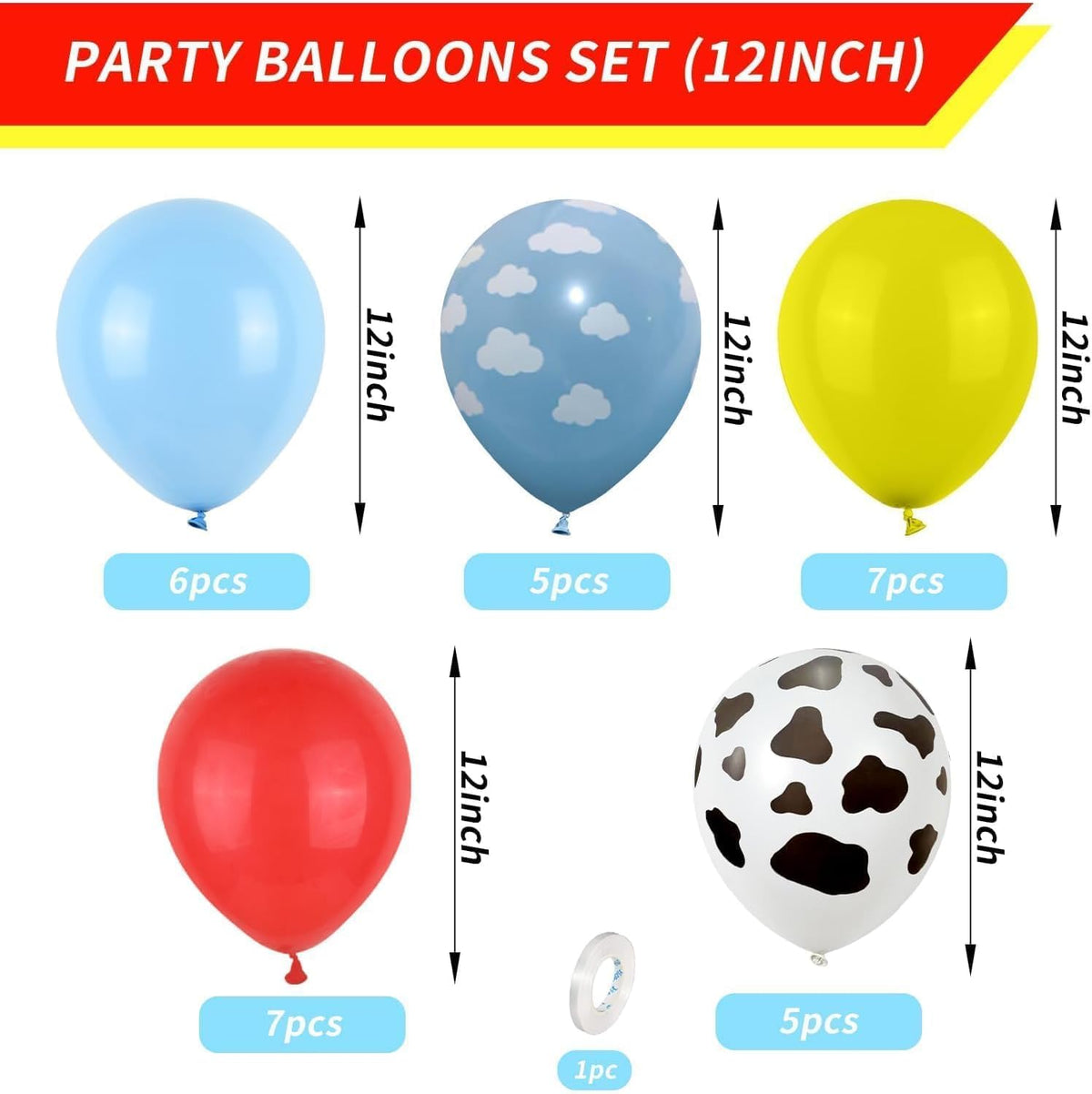 Color Balloons - 12 Inch Red, Blue, Yellow Cow Print Sky Blue Cloud Story Balloons for Party Themed