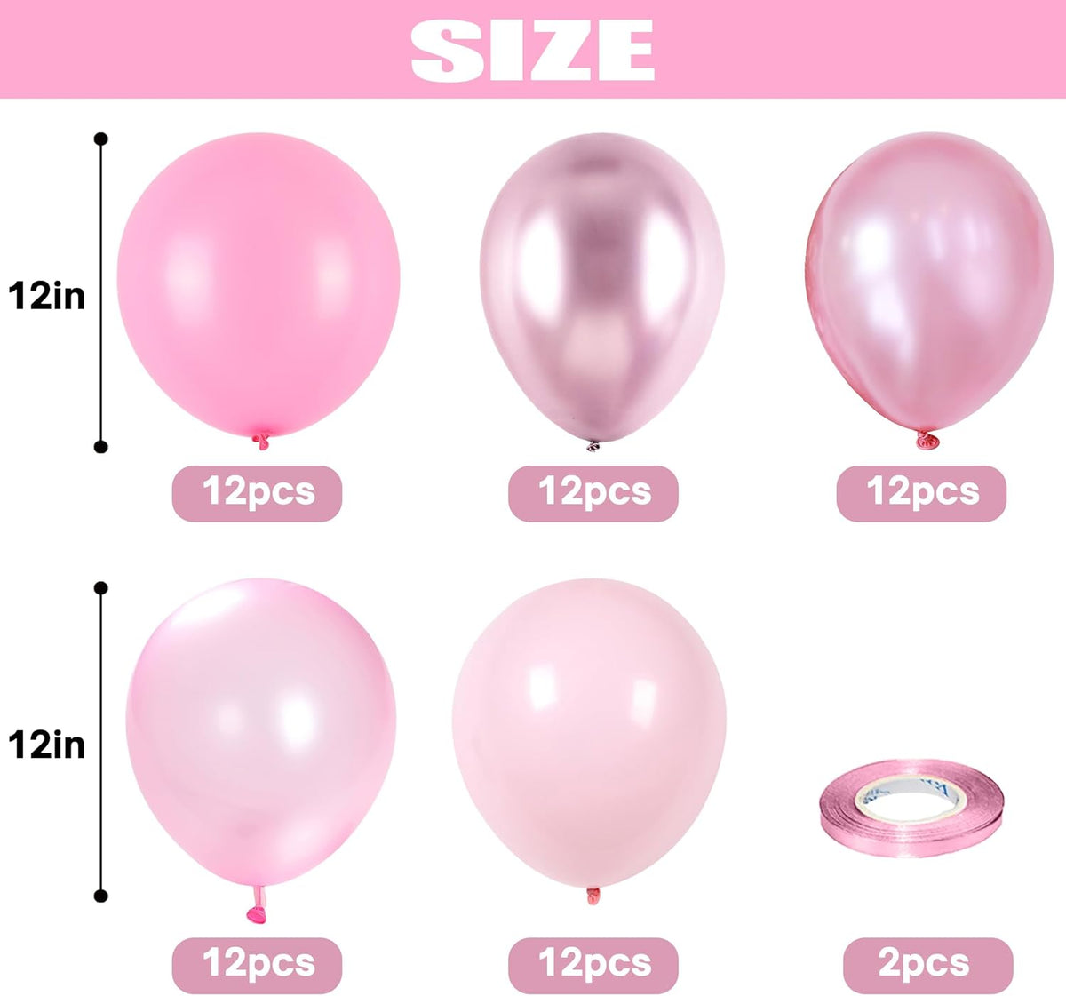 Pink Balloons Set, 60 Packs 12 Inch Metallic Chrome Pink Pearl Macaron Light Pink Different Shades