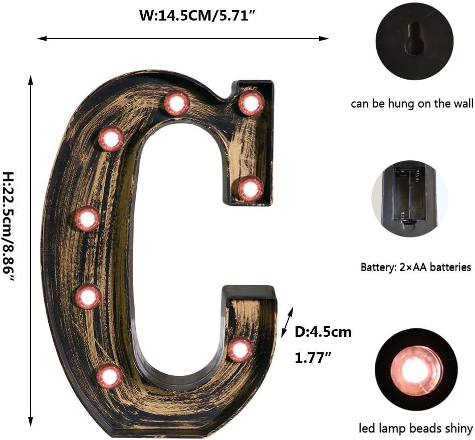 OYCBUZO Golden Black Led Marquee Letter - Industrial, Vintage Style Light Up Alphabet Letter Sign