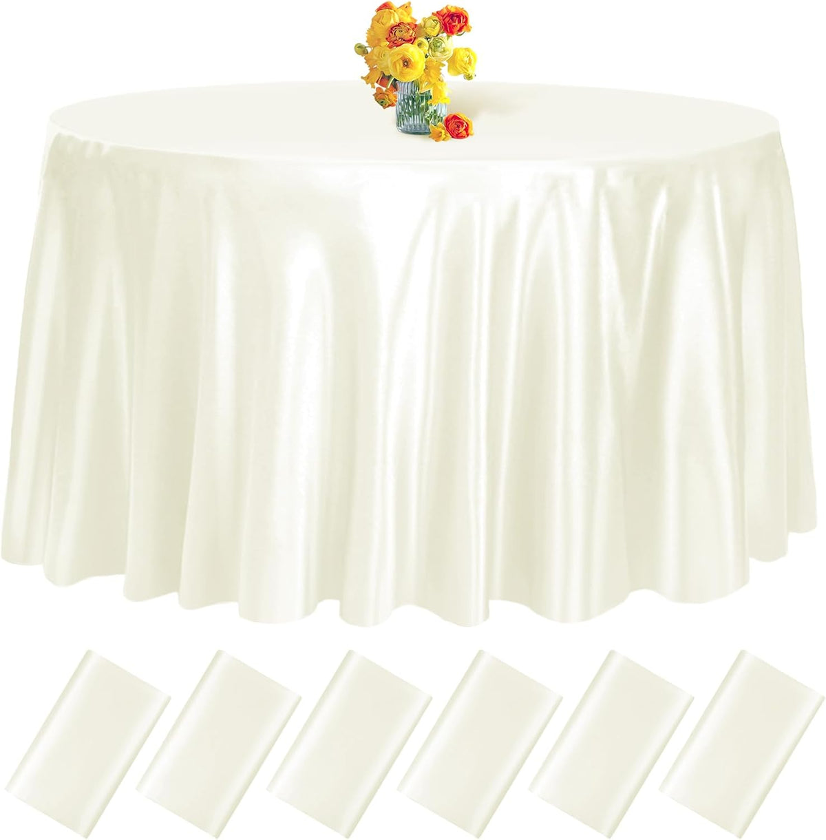 fani 6 Pack 120 Inch Ivory Round Tablecloth - Premium Silky Satin Tablecloth Overlay Smooth Fabric