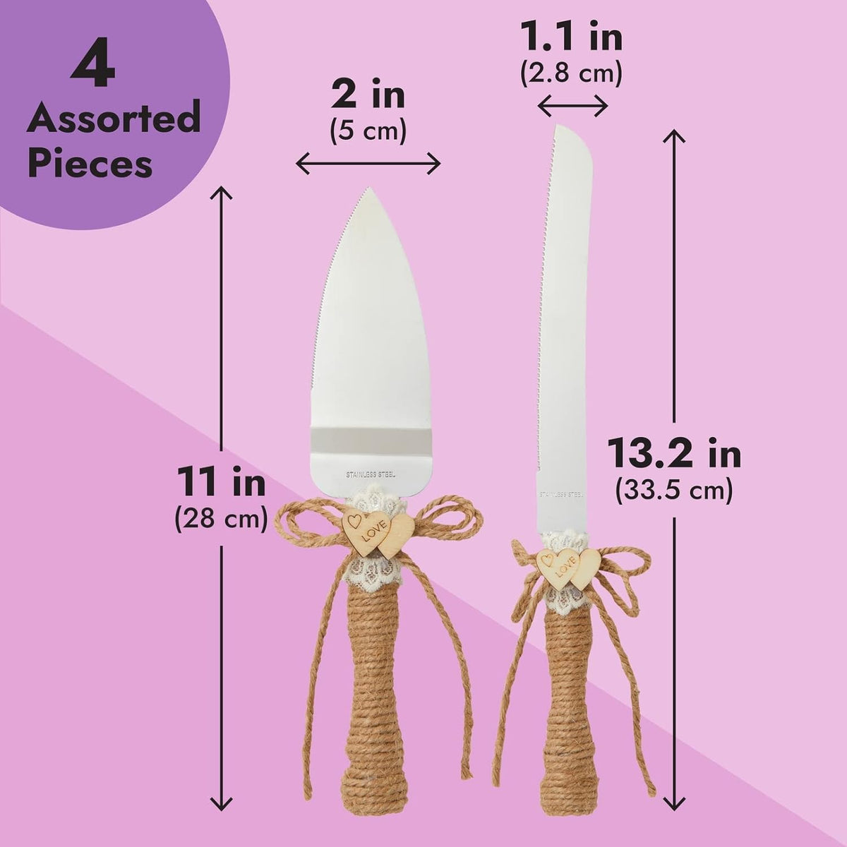 Juvale Wedding Decor Rustic Cake Knife & Server Set with Champagne Flutes - Brown Wood Handles