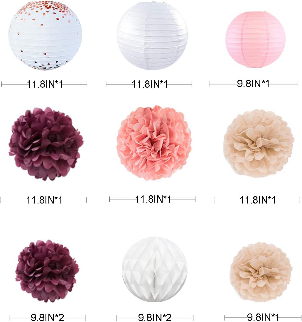 Burgundy Rose gold Pink Party Decorations Lanterns Flowers Pom Pom with 3D Butterfly Stickers and