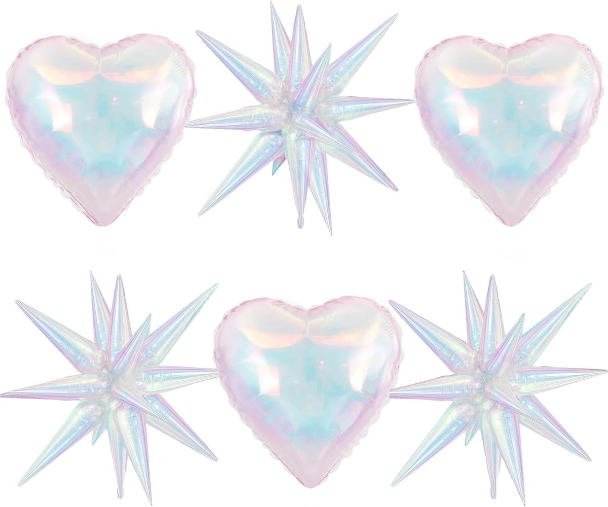 6Pcs Iridescent Foil Balloons, 22" 18" Heart Explosion Star Iridescent Balloons Large Holographic