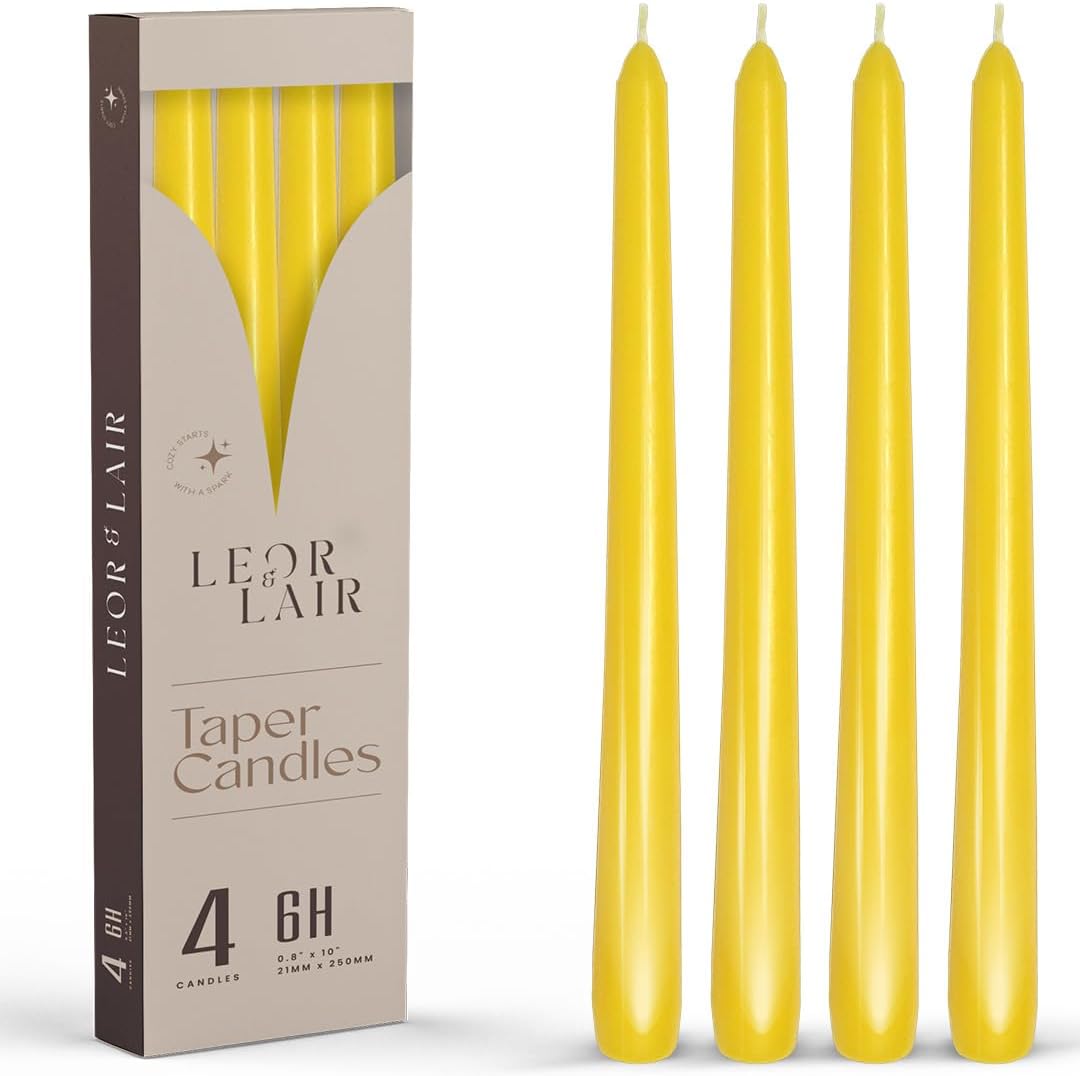 Leor & Lair Yellow Taper Candles - 4 Pack 10" Yellow Candlesticks - Unscented Long Burning Candles