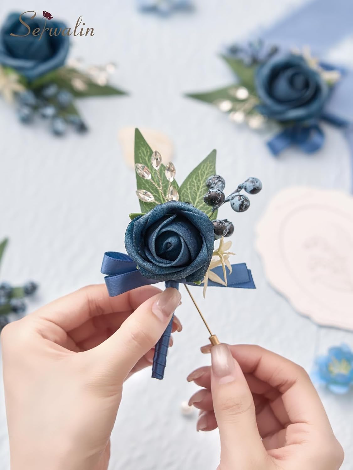 Serwalin 10Pcs Boutonniere for Men, Blue Groom and Best Man Boutonniere, Artificial Flowers for