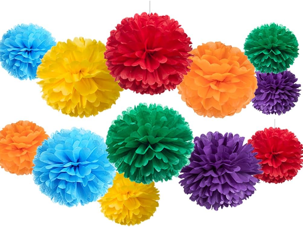 Rainbow Paper Flower Tissue Pom Poms for Birthday Graduation Wedding Pride Theme Party, Red Orange