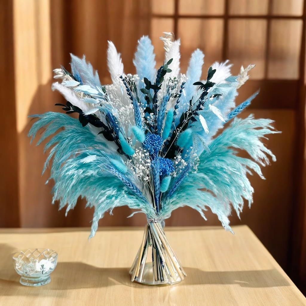 Blue Dried Flowers Bouquet with Pampas Grass - Boho Home Decor and DIY Floral Arrangements for