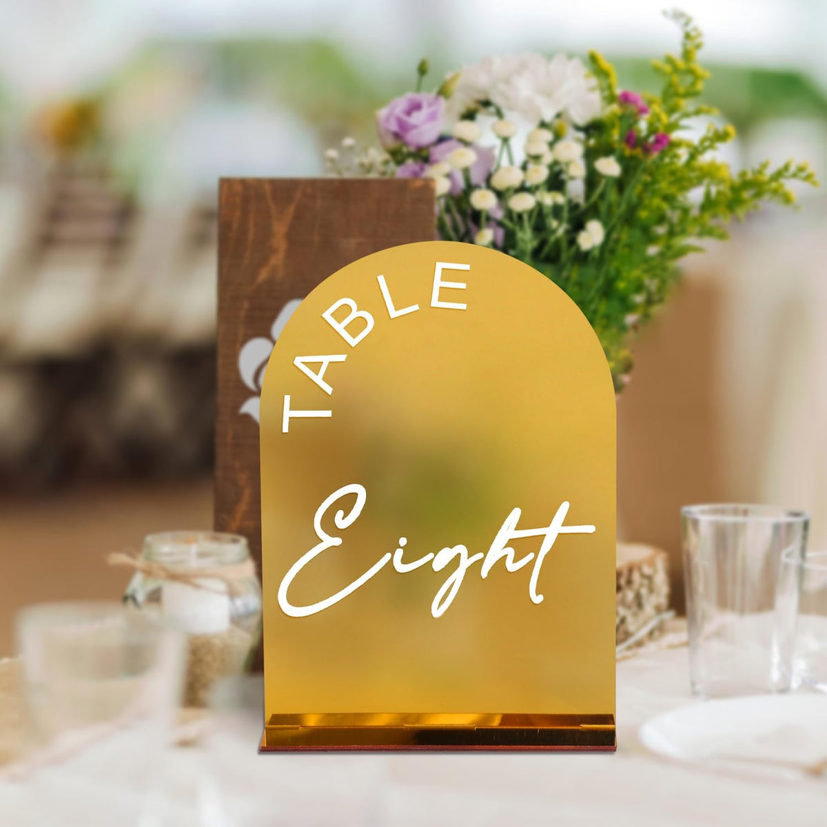 Gold Mirror Arch Wedding Table Numbers 1-10 with Stands, 5x7 Inch Acrylic Arch Sign with Holder for