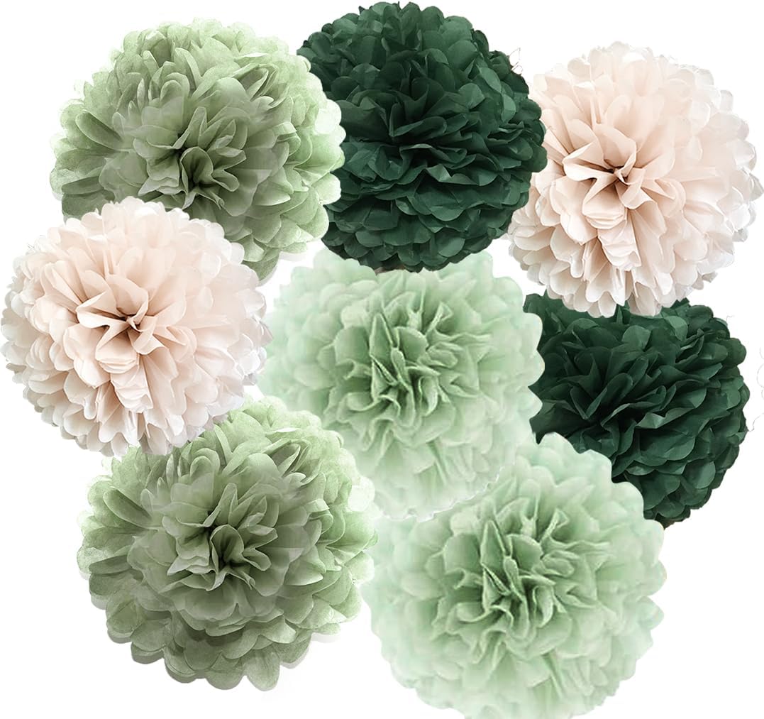 Sage Green Tissue Paper Flower Pom Poms Kit 12pieces for Wedding Bridal Shower Engagement