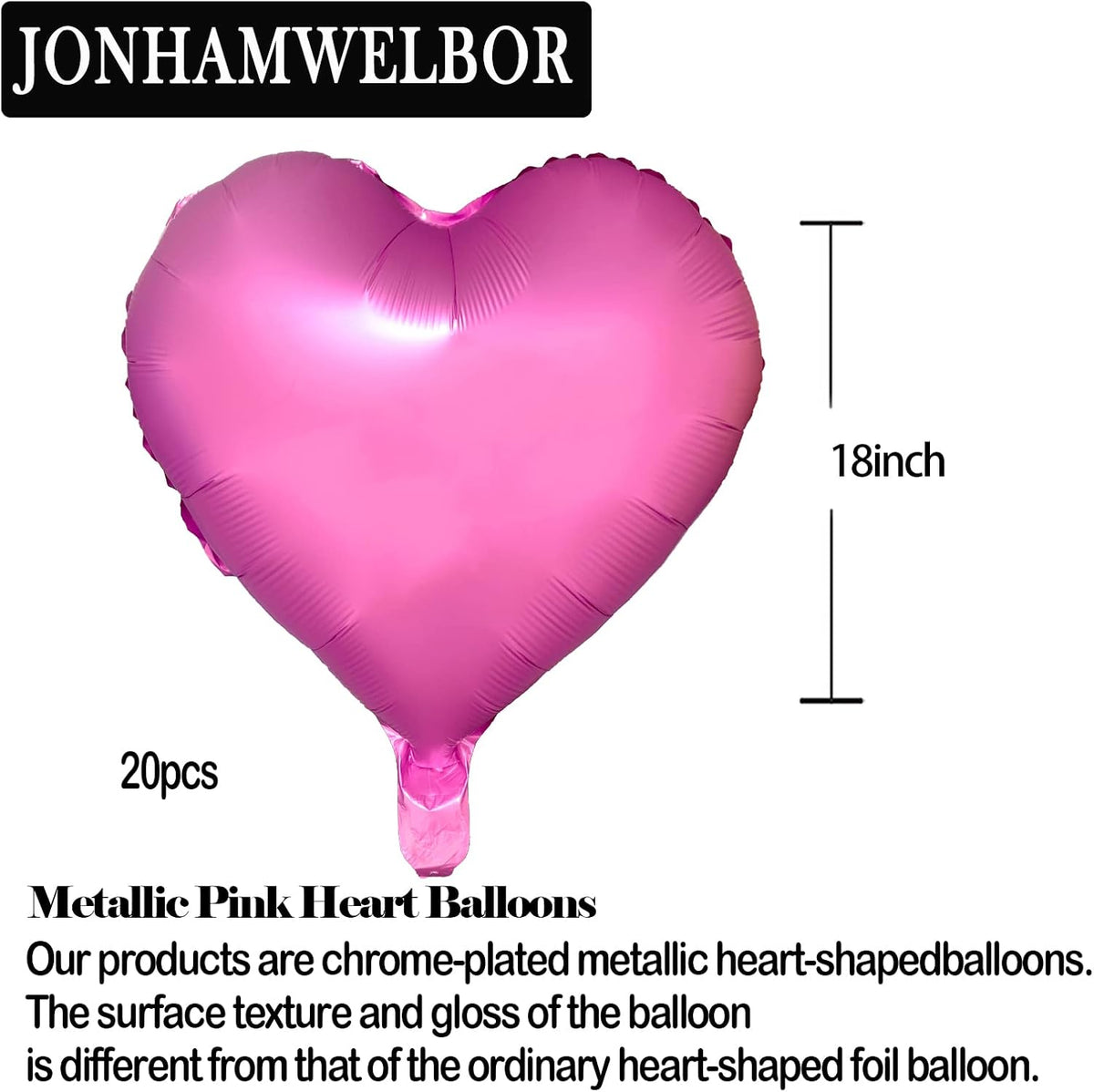 Jonhamwelbor 20Pcs 18 inch Metallic Pink Foil Mylar Heart Shape Balloons Decorations Valentines