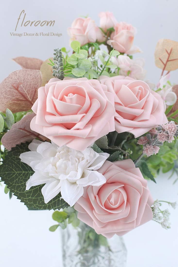 Floroom Artificial Flowers 25pcs Real Looking Blush Foam Fake Roses with Stems for DIY Wedding