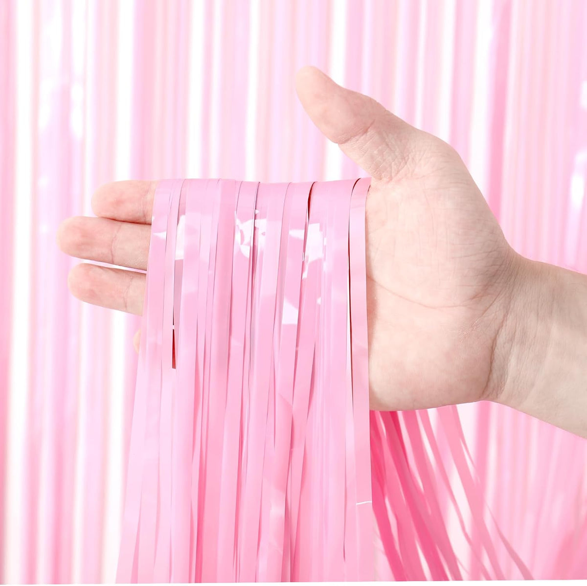 2 Pack Pastel Pink Tinsel Foil Fringe Curtains, Pink Party Decorations, Metallic Tinsel Party