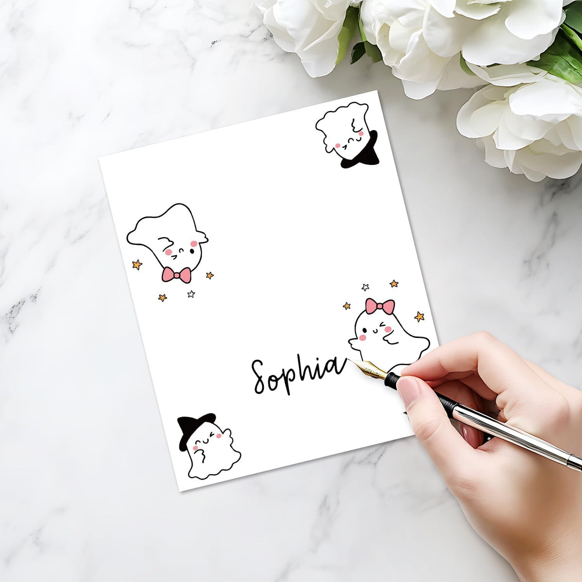 25 Pack Halloween Place Cards, Editable Name Cards for Table Setting, Cute Ghost Tent Cards Food
