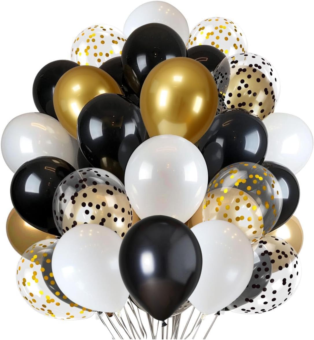 300 Pcs Black Gold Confetti Balloons Set Lncludes 12 inch Black White Gold and Confetti Balloons