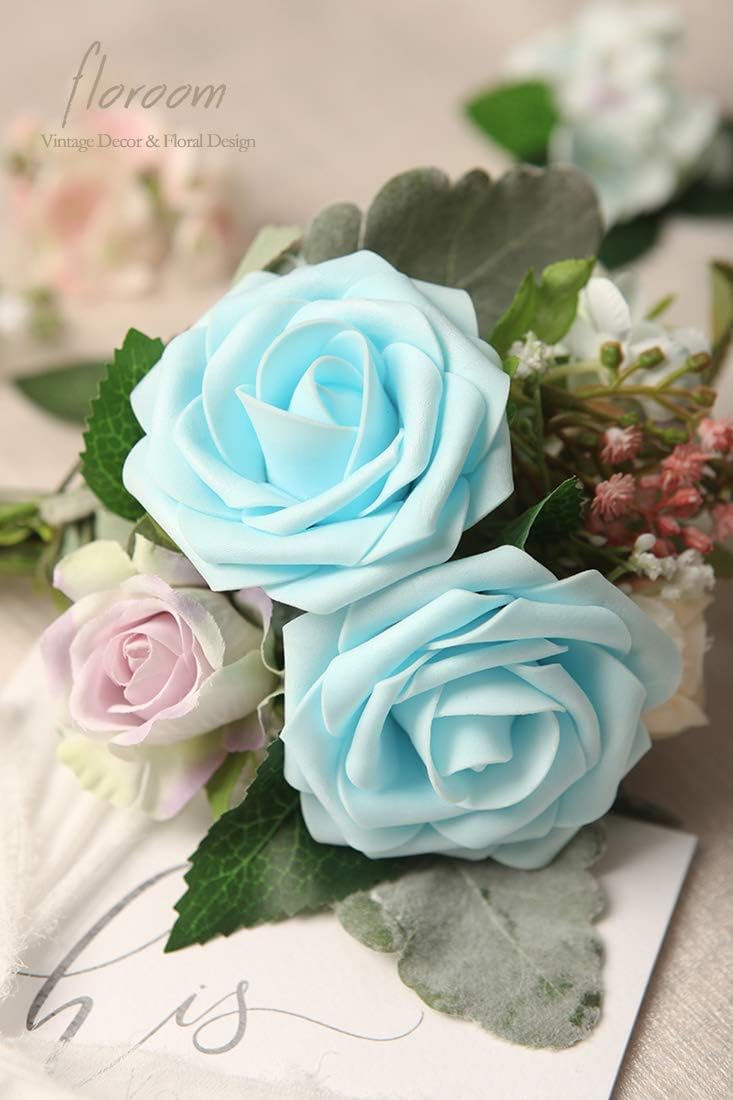 Floroom Artificial Flowers 50pcs Real Looking Aqua Blue Foam Fake Roses with Stems for DIY Wedding
