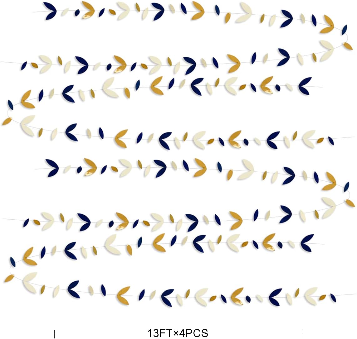 52 Ft Navy Blue Gold Party Decorations Royal Blue Gold Leaf Garland Paper Hanging Leaves Streamer