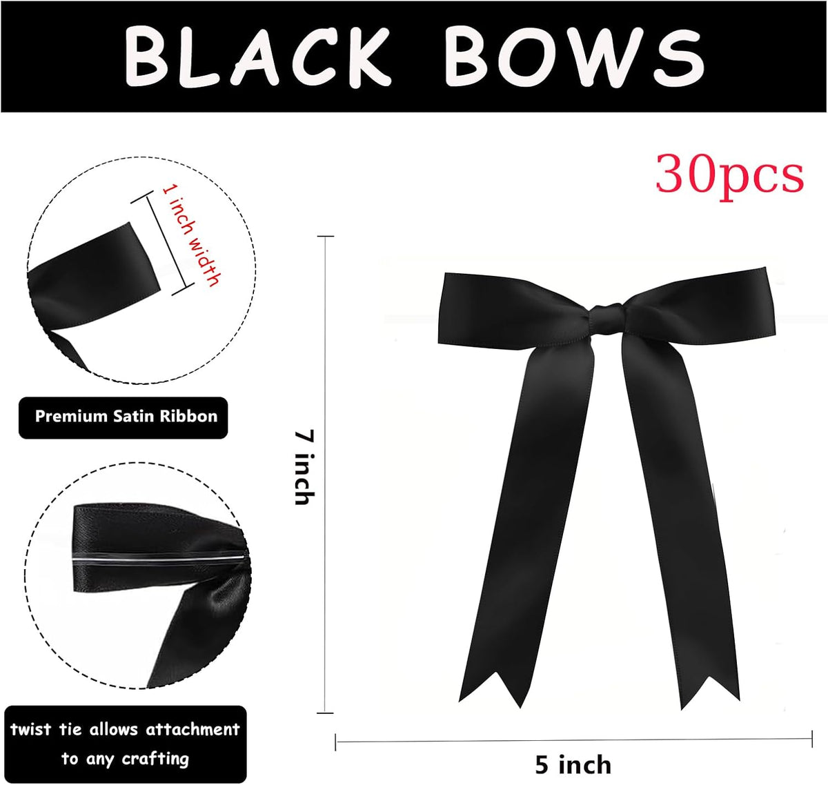 30Pcs Satin Ribbon Black Bows 5x7 Inch Twist Tie Bow for Gift Wrapping Champagne Bottle Cake Treat
