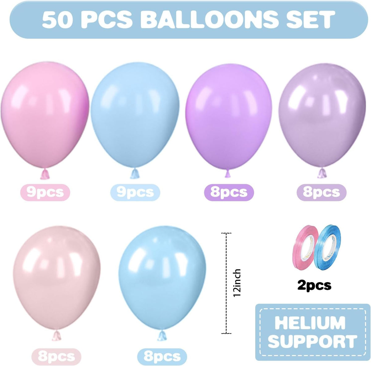 Blue Pink Purple Balloons, 12 Inch Pastel Balloons, Pearl Pink Purple Blue Pastel Latex Balloon for