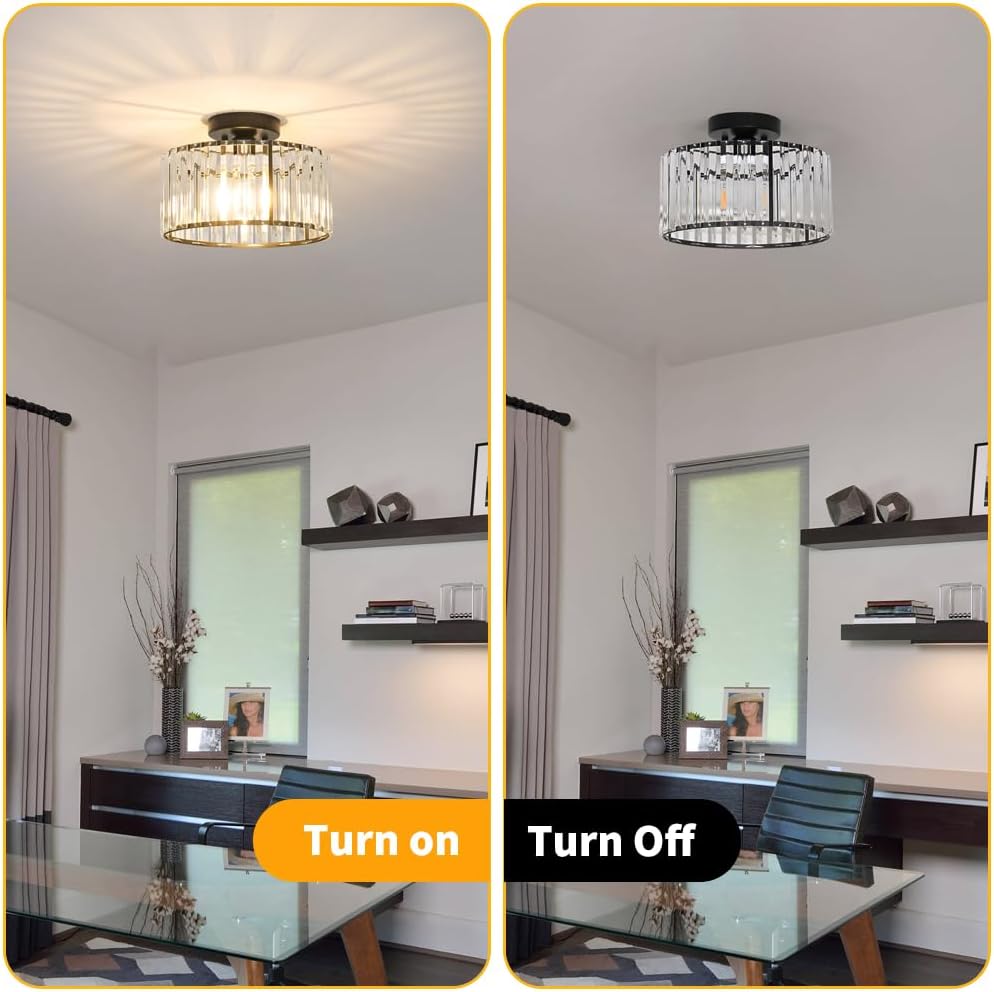 Crystal Ceiling Light Fixture, Modern Semi Flush Mount Ceiling Light, Black Close To Ceiling Light