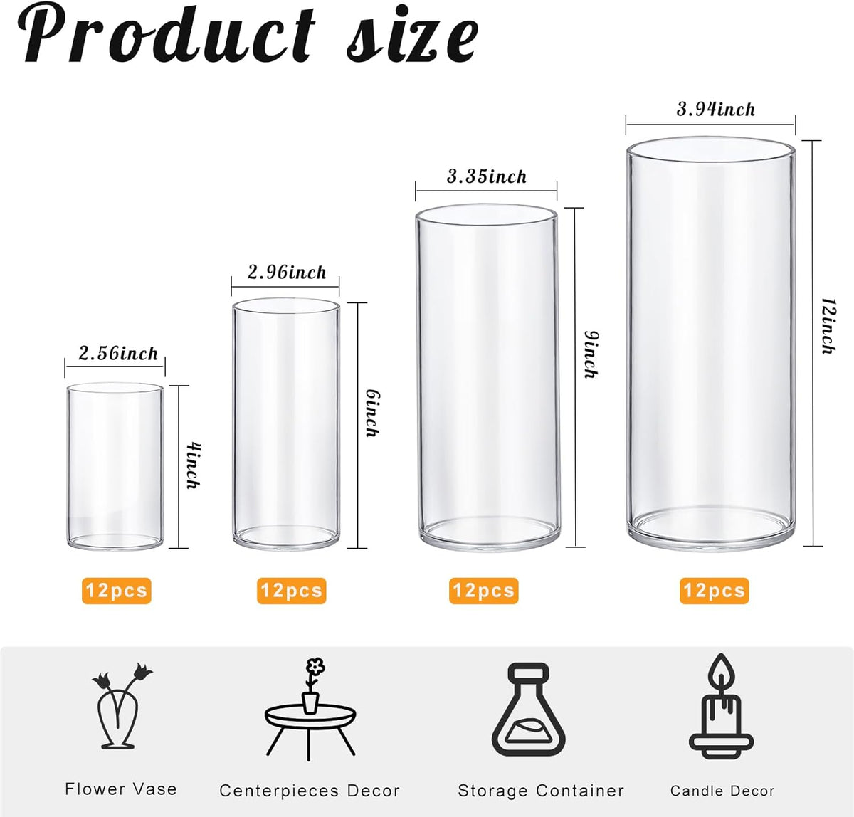 48 Pack Thick Glass Cylinder Vases 4,6,9,12 Inch Tall Clear Flower Vase Hurricane Floating Candle