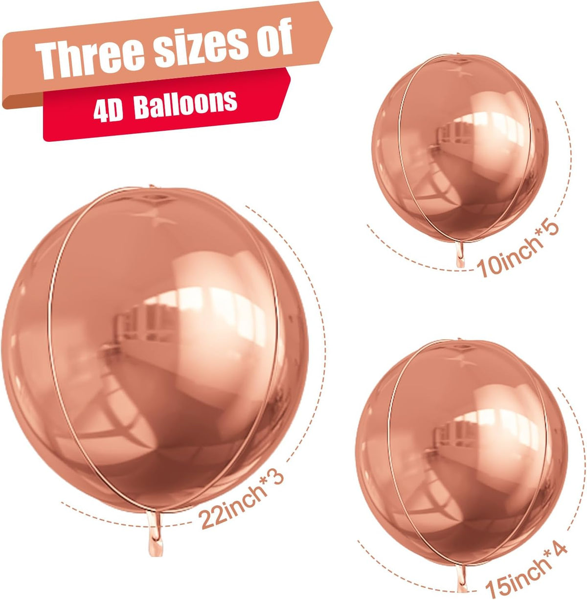 12Pcs Rose Gold Round Foil Balloons, 22" 15" 10" 4D Helium Ball Balloon, Metallic Rose Foil Balloon