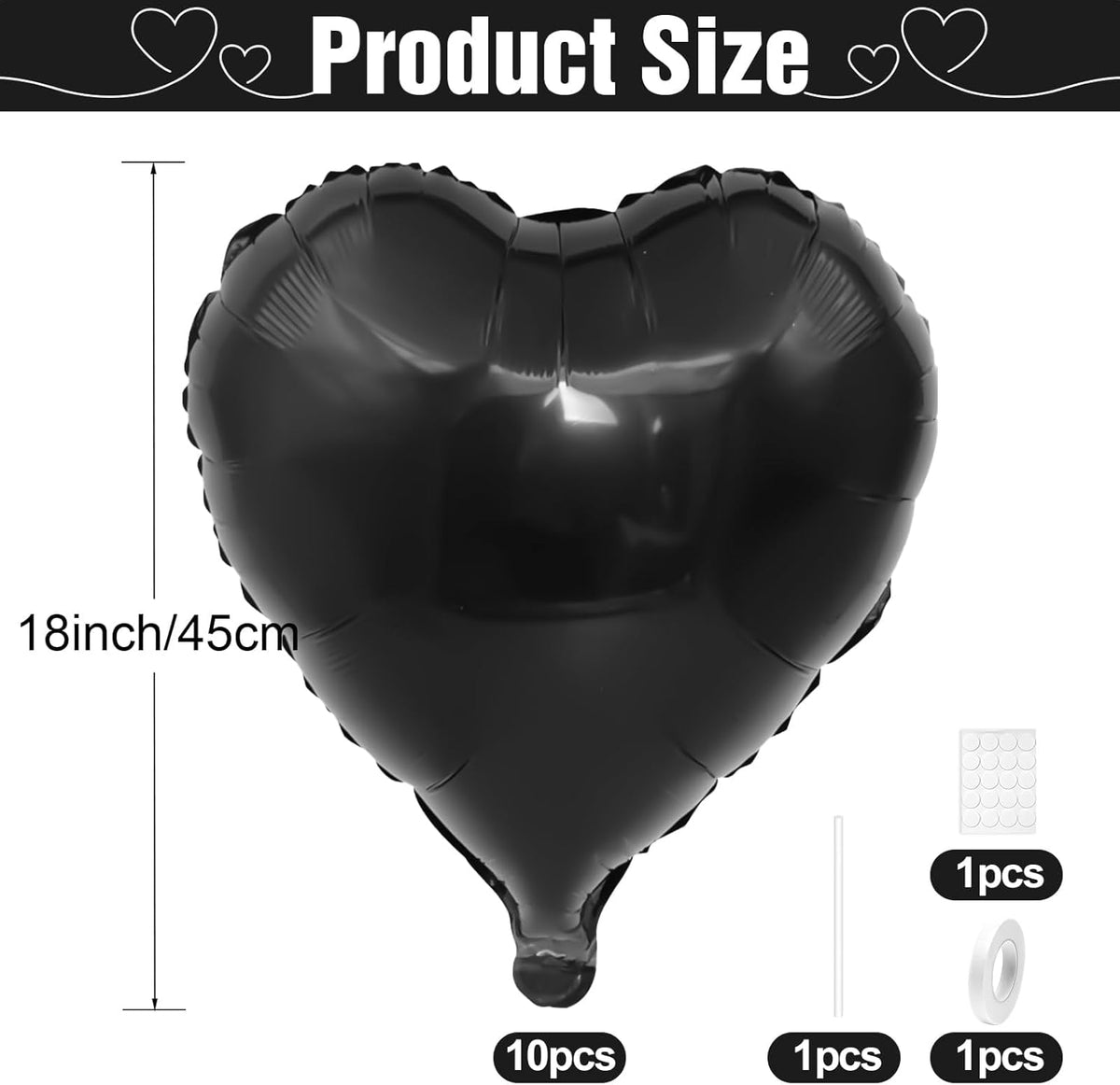 Black Heart Balloons,10Pcs Black Foil Heart Shaped Love Balloons,18Inch Helium Polyester Film
