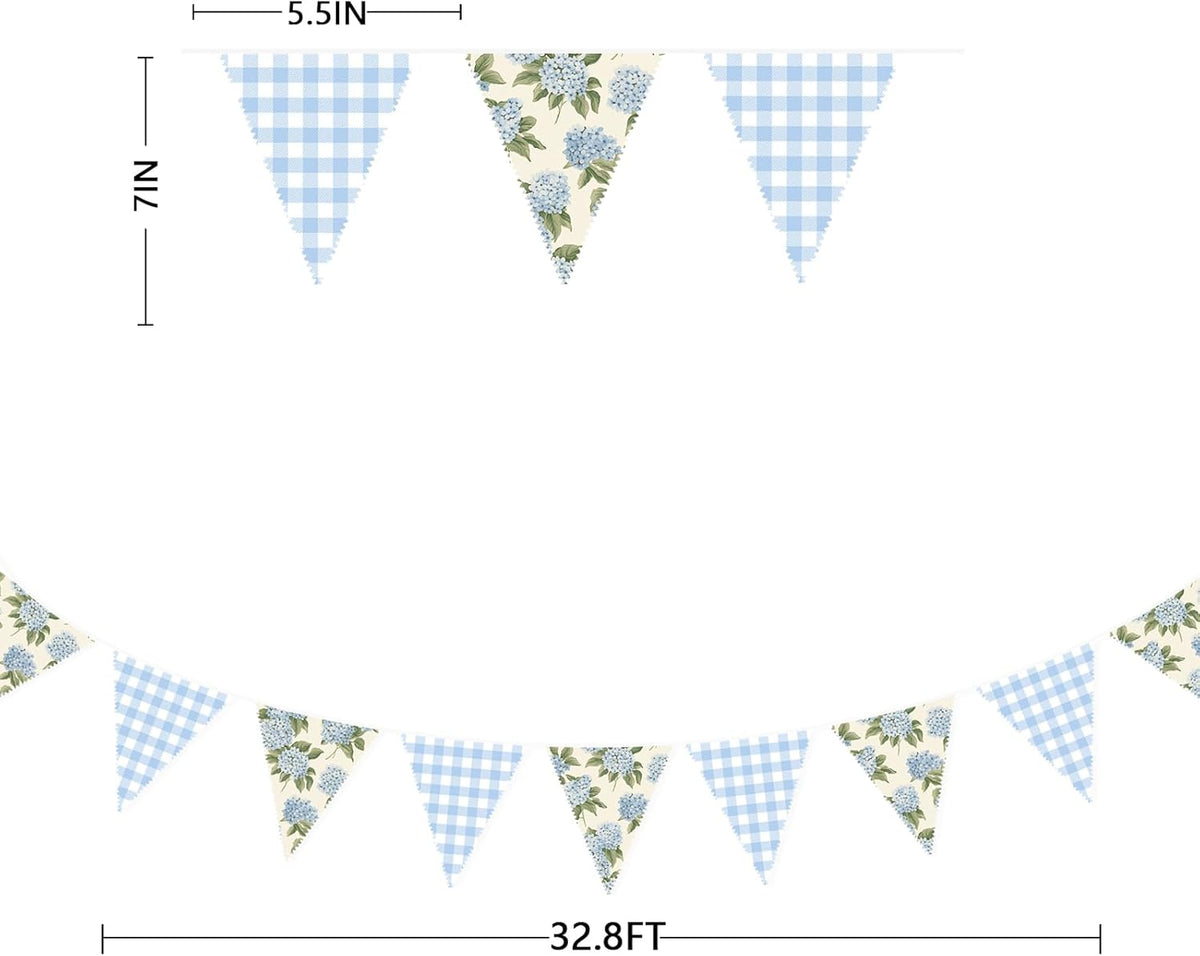 32Ft Blue Flora Party Decorations Blue Gingham HydrangeaTriangle Flag Fabric Banner Pennant Garland