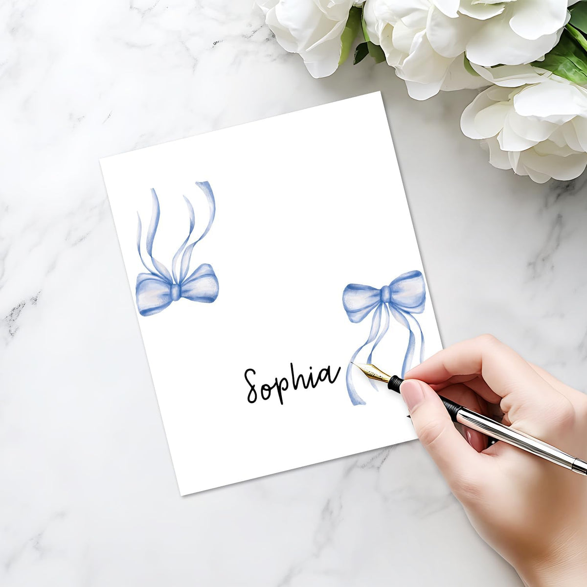 25 Pack Blue Bow Place Cards, Editable Name Cards for Table Setting, Watercolor Tent Cards Food