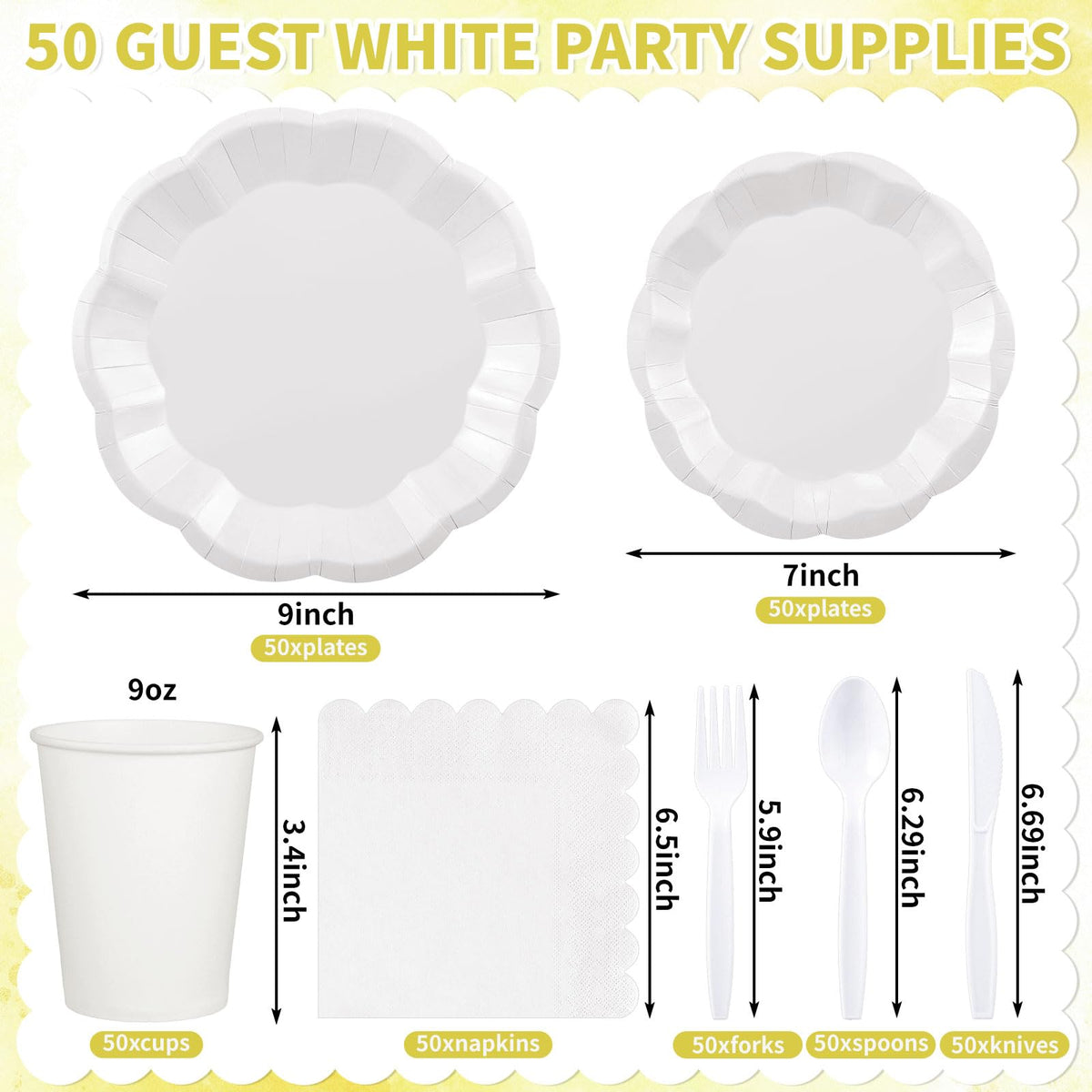 350 Pcs White Party Supplies Include Scalloped Paper Plates and Napkins