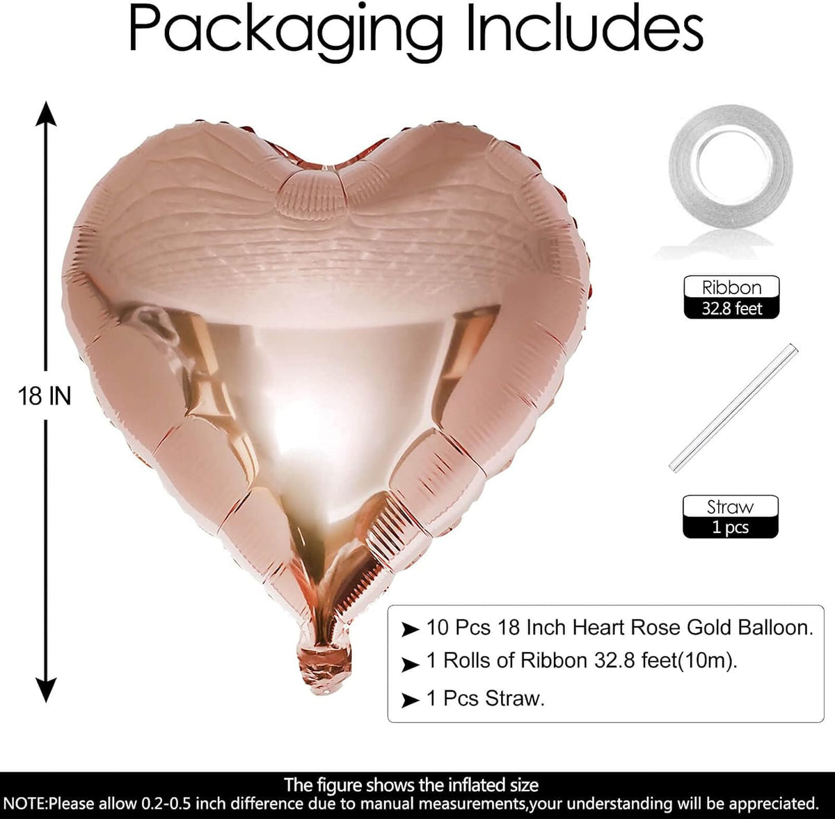 10pcs Rose Gold Foil Heart Shaped Balloons - 18 Inch Heart Mylar Balloons for Baby Shower, Wedding