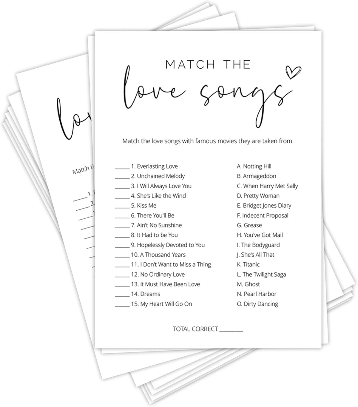 Bridal Shower Games, Match the Love Songs, 25Pcs Minimalist White Double-Sided Bridal Game Cards