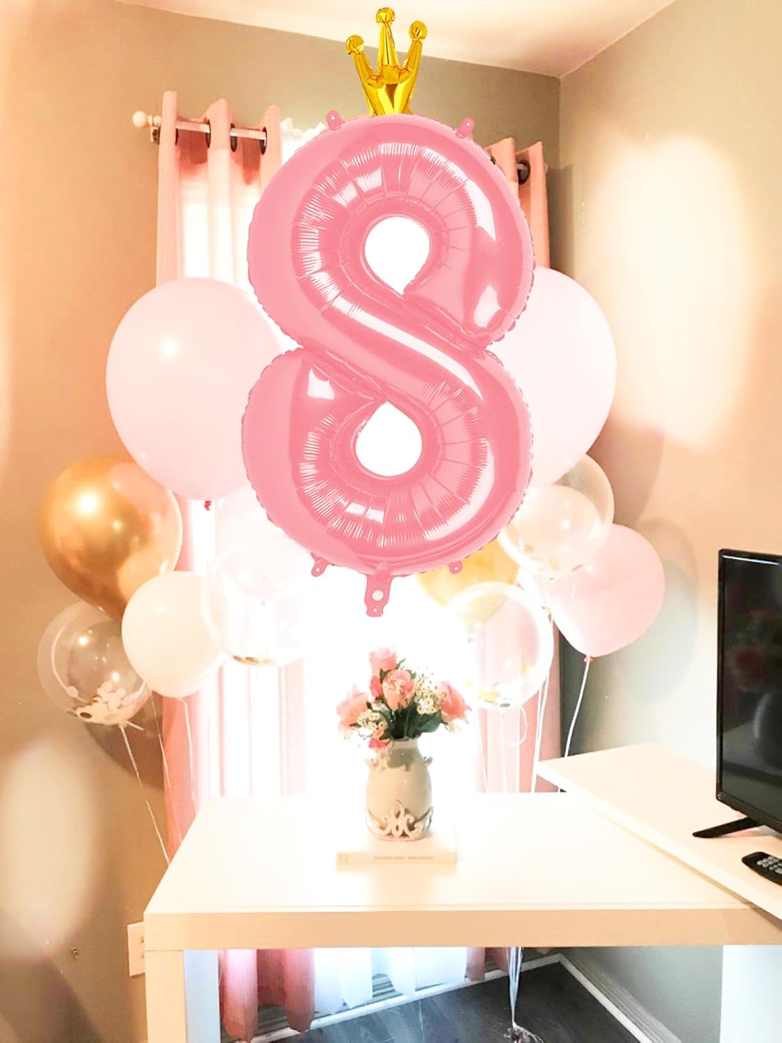 40 Inch Pink Number Balloon 0-9(Zero-Nine) with Crown, Big Size Happy Birthday Balloon, Foil Helium