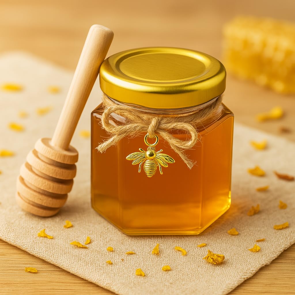 50 Pack 1.5 oz Hexagonal Honey Jars for Honey with Wooden Dipper bee Charms Thank You Cards Burlap