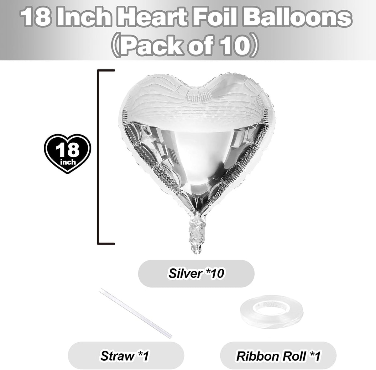 Silver Heart Foil Balloons, 10PCS 18Inch Mylar Balloons for Birthday, Valentine, Wedding, Baby