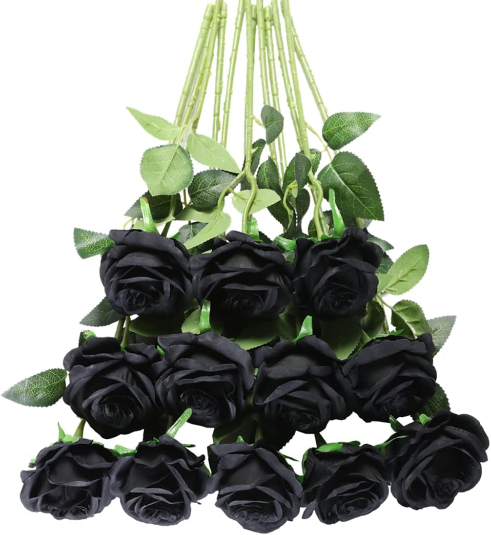 Tifuly Black Roses Artificial Flowers -12 pcs Realistic Single Long Stem Fake Silk Roses Bouquet