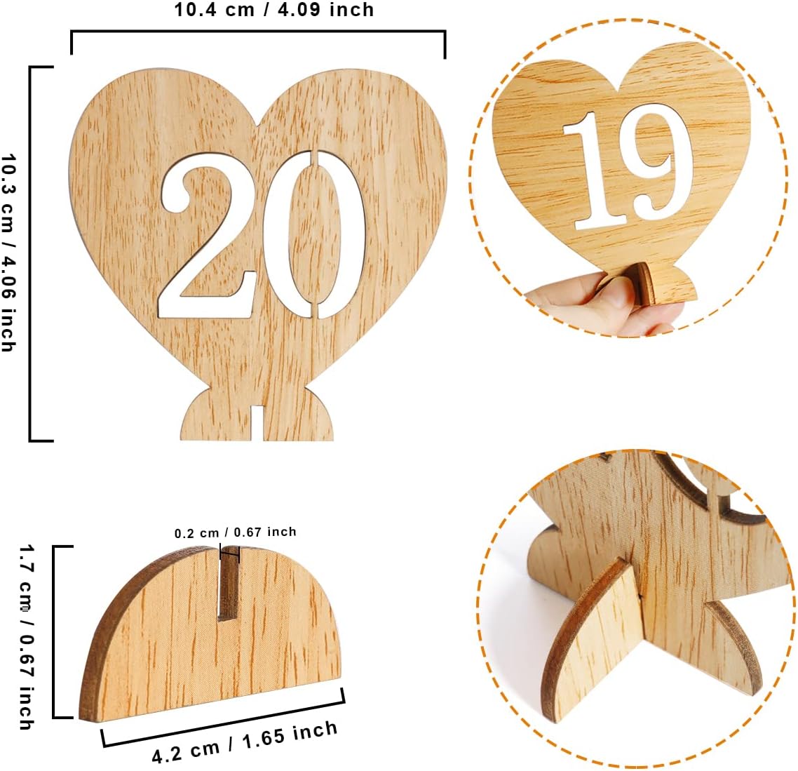 Heart Shape Wooden Table Numbers 1-20 With Holder Base - Rustic Hollow Out Wood Cards for Wedding