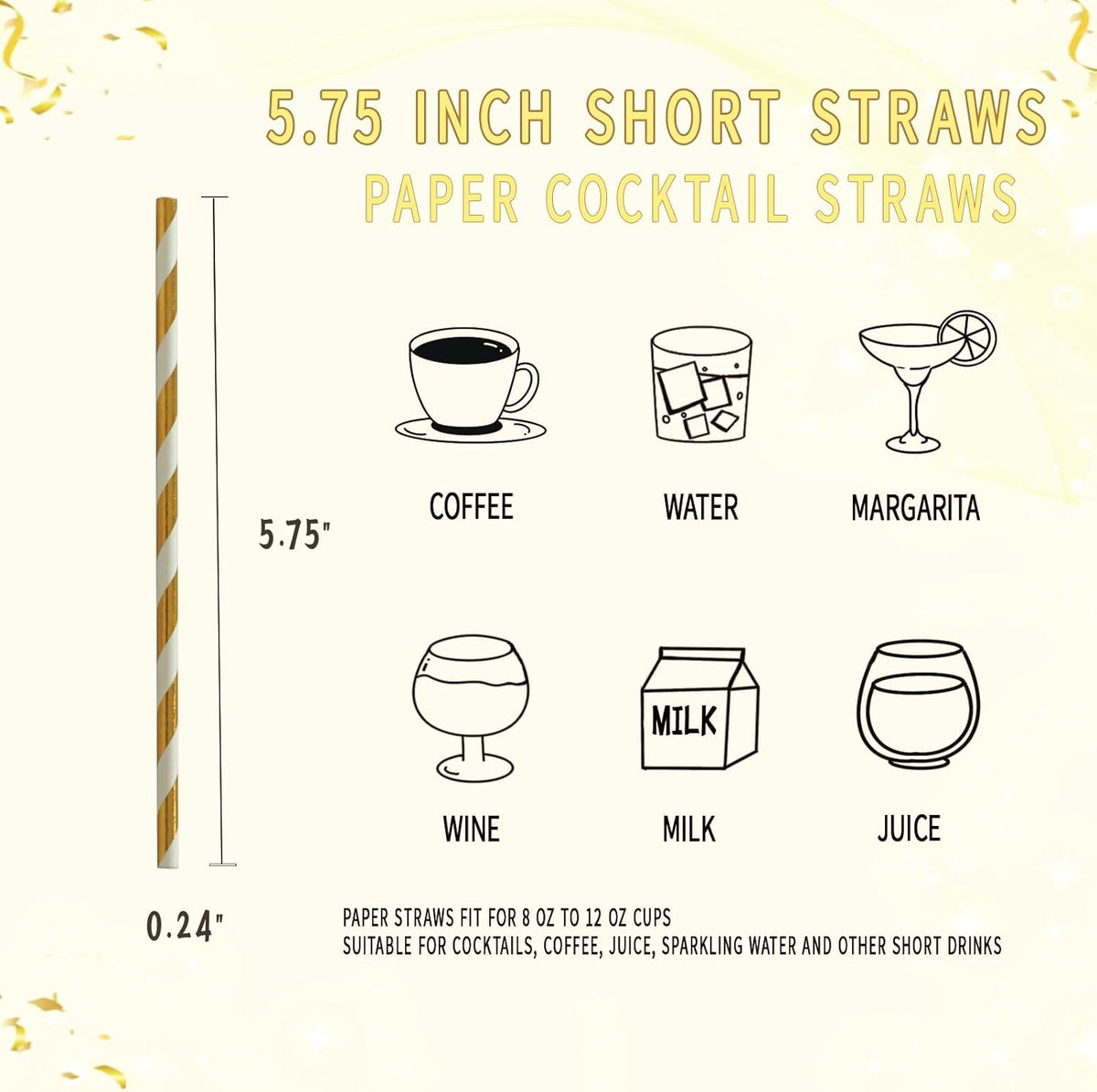 Gold White Stripe Paper Straws - 5.75 Inch Short Paper Drinking Straws, for Birthday, Wedding