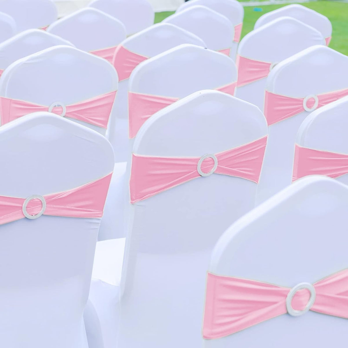 CHENGU 150 Pieces Spandex Stretch Chair Sashes Bows Elastic Chair Cover Bands Ties with Buckle