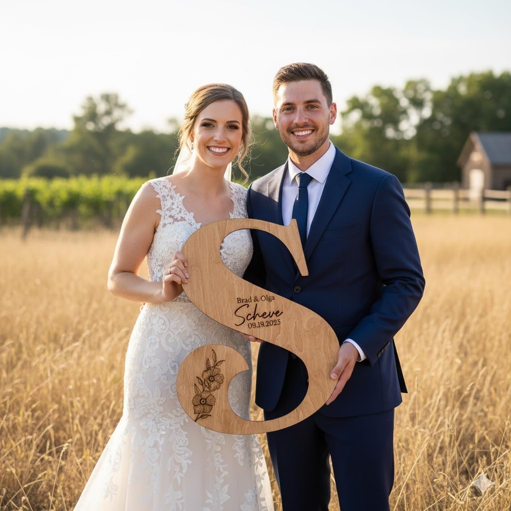 Wedding Guest Book Sign with Pen, Personalized Wooden Letter Monogram, Custom Last Name and Date