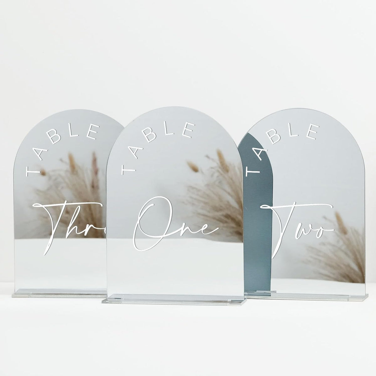 JINMURY Sliver Arch Wedding Table Numbers 1-15 with Stands, 5x7 Inch Acrylic Arch Sign with White